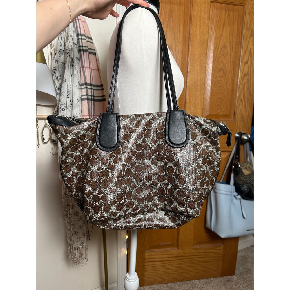 Coach Signature C Monogram Coated Canvas Taxi Tote Bag Brown Black - Picture 2 of 11